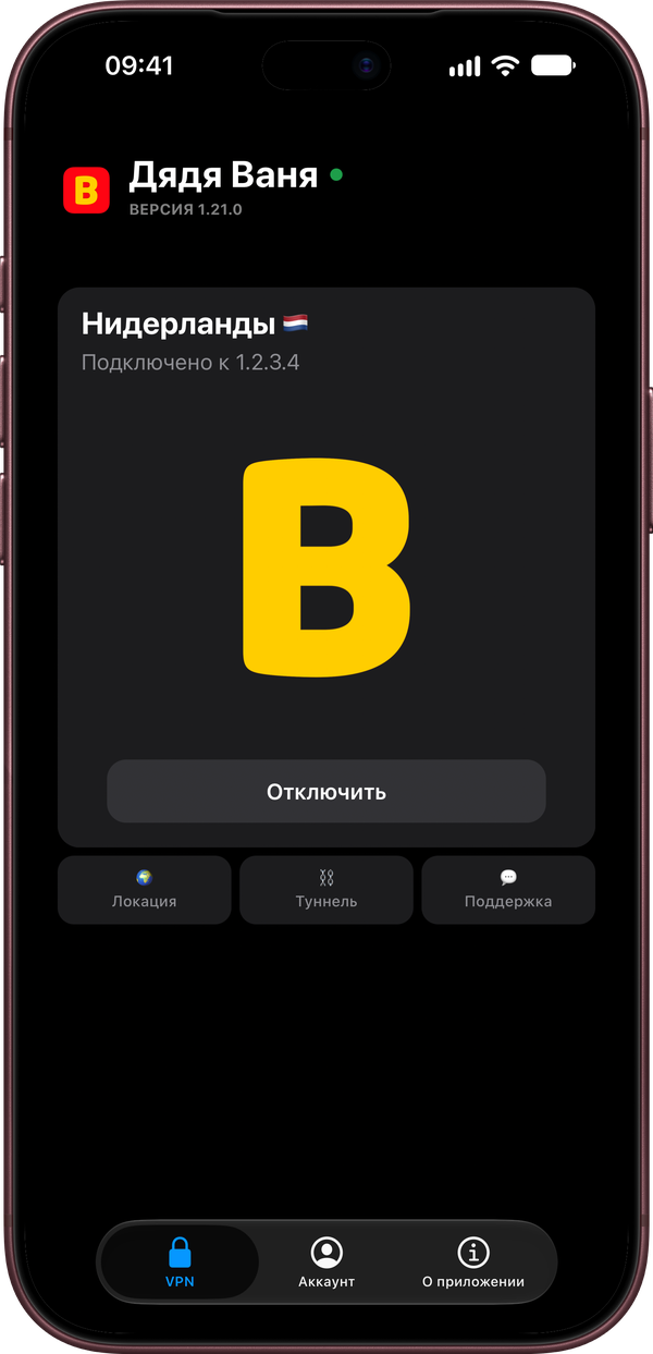 Приложение Дядя Ваня на iPhone: VPS подключён, Нидерланды