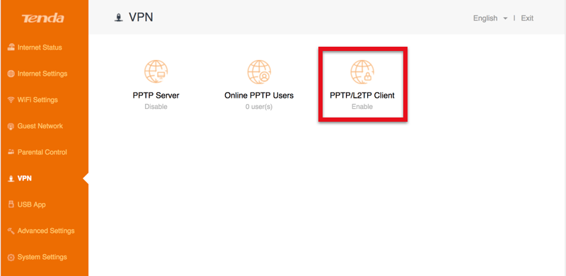 Tenda AC6, раздел V⁠PN: плитки PPTP Server, Online PPTP Users и PPTP/L2TP Client