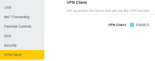 TP-Link Archer AX1800, вкладка Advanced, пункт V⁠PN Client в меню слева, отмечено Enable