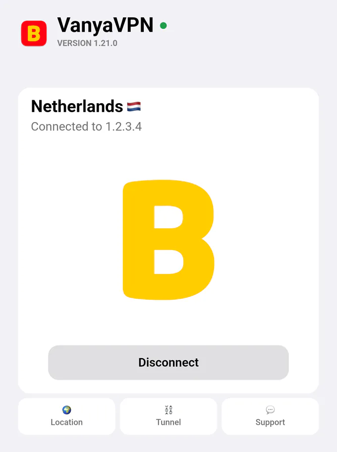 App main screen on Android: VPS connected, location Netherlands