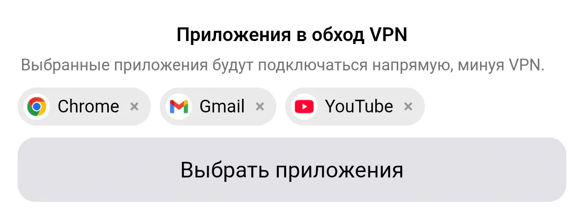 Окно «Раздельное туннелирование» на Android, режим «Ручной ввод»: блок «Приложения в обход VPS» с выбранными приложениями и кнопкой «Выбрать приложения»