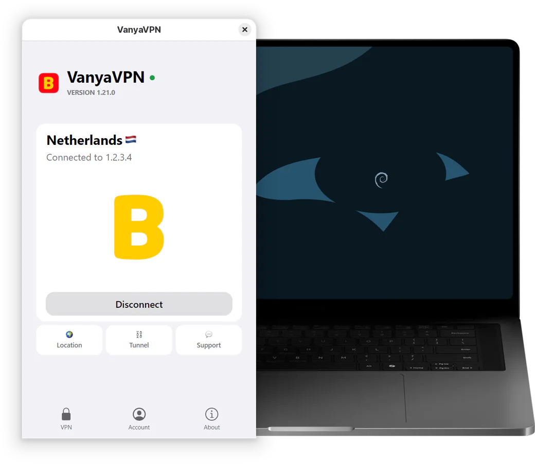 The VanyaVPS window on a Debian laptop: connected, location Netherlands