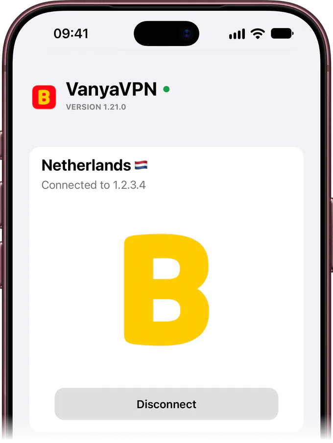 VanyaVPS on an iPhone, connected to the Netherlands