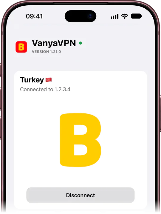 App main screen: VPS connected, location Turkey