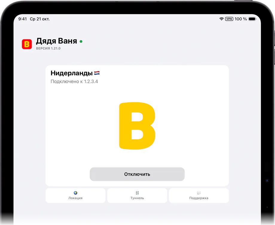 Приложение Дяди Вани на iPad: VPS подключён, локация Нидерланды