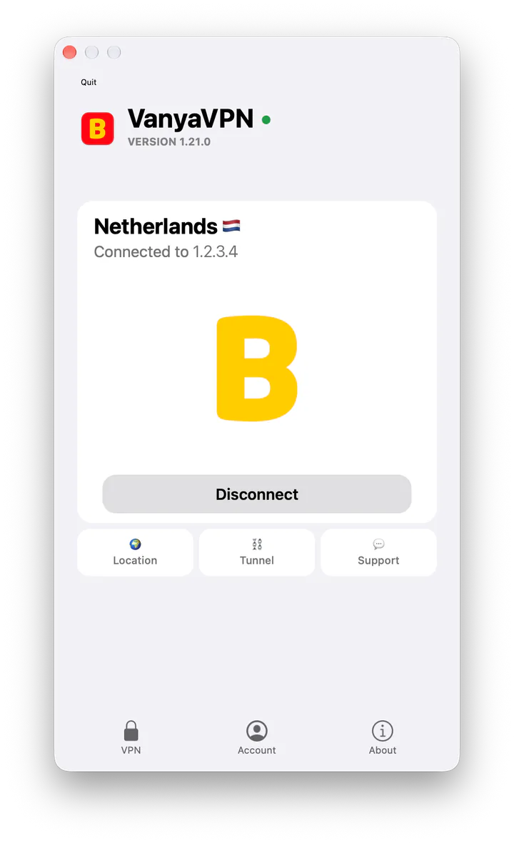 VanyaVPS window on a Mac, connected to the Netherlands