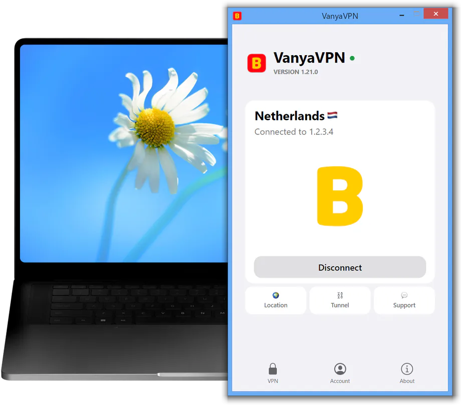 The VanyaVPS window on a Windows 8 laptop: connected, location Netherlands
