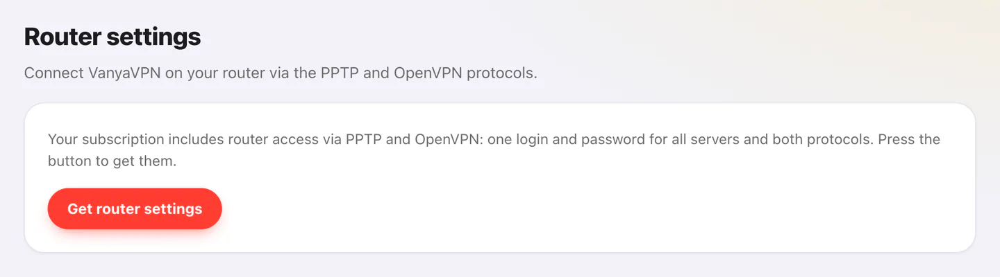 Router section of the VanyaVPS account with the Get router settings button