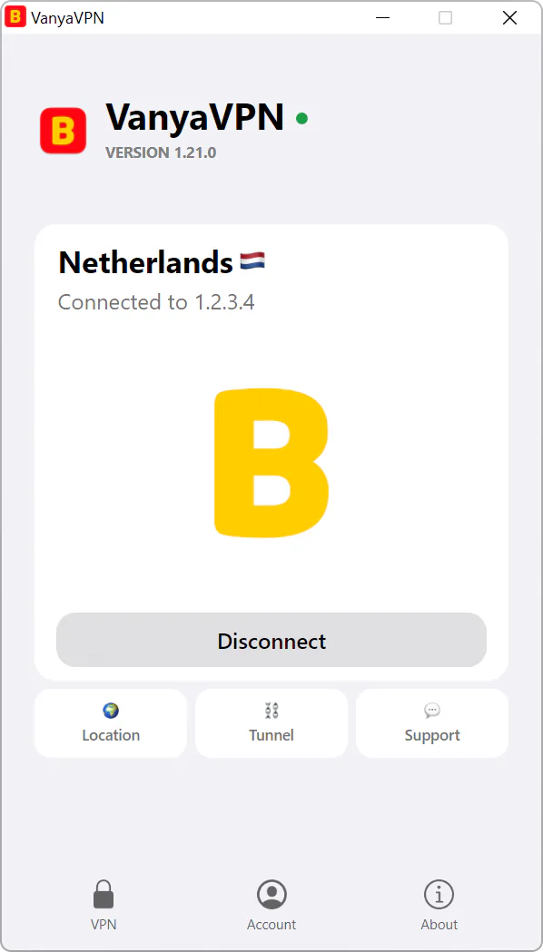 VanyaVPS window on Windows: VPS connected, location Netherlands